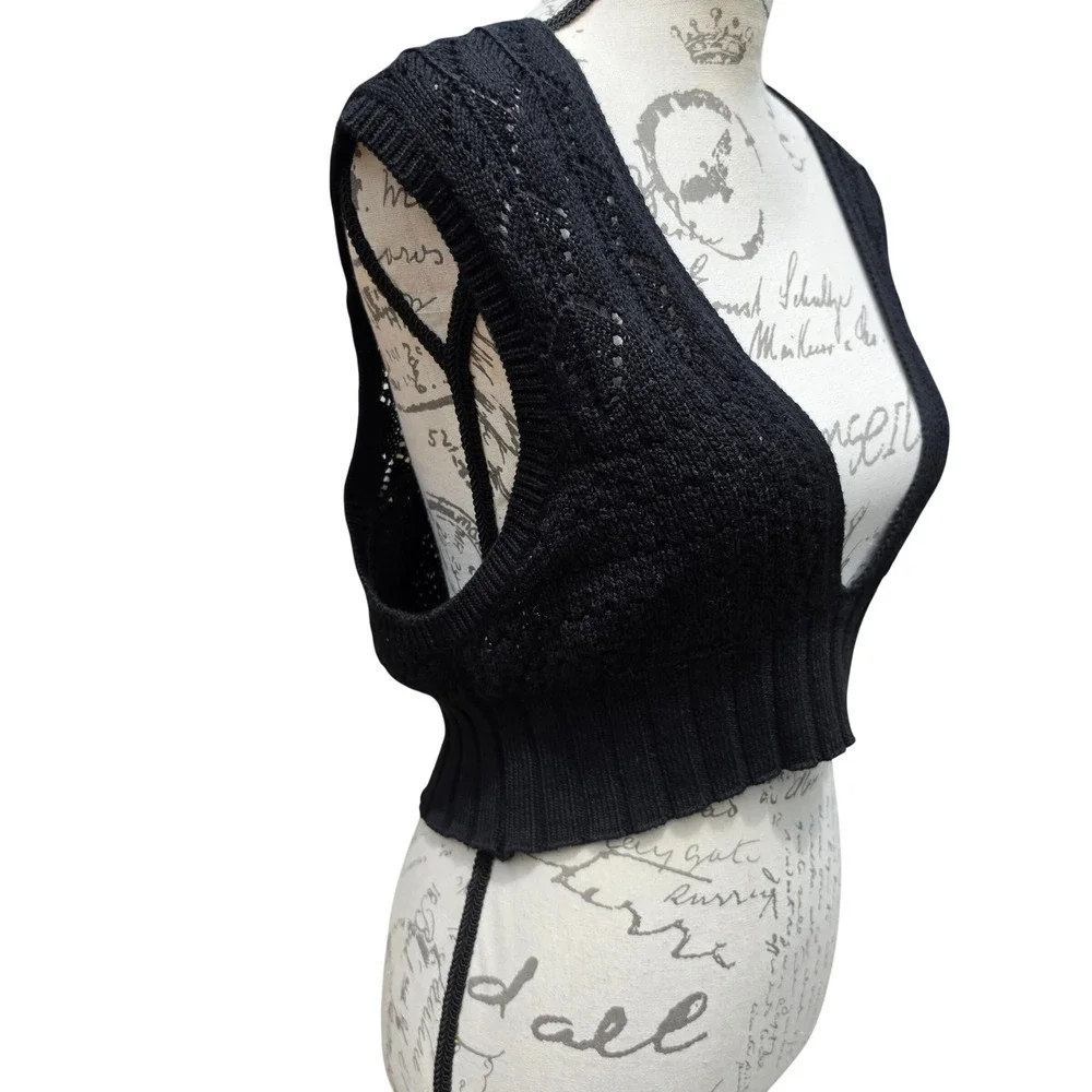Free People Intimately Black Pointelle Knit Deep V-Neck Crop Top Sleeveless S